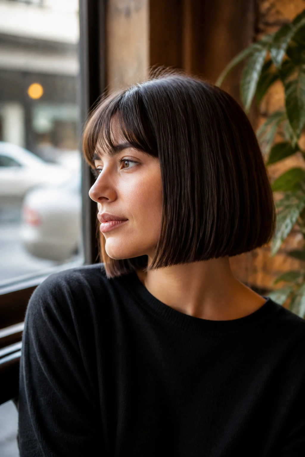 Close-up of a real woman with a blunt jaw-length bob and straight ends