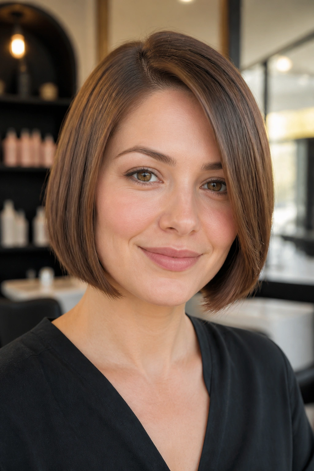 Close-up of a real woman with a chin-length blunt bob flattering a heart-shaped face