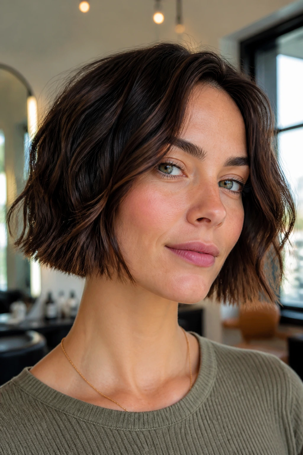 Close-up portrait of a real woman with a blunt bob featuring hidden layers and a crisp outer edge.