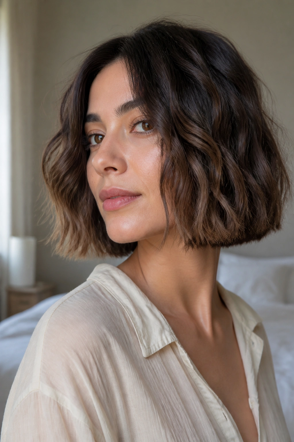 Real woman with blunt bob showing hidden texture under waves