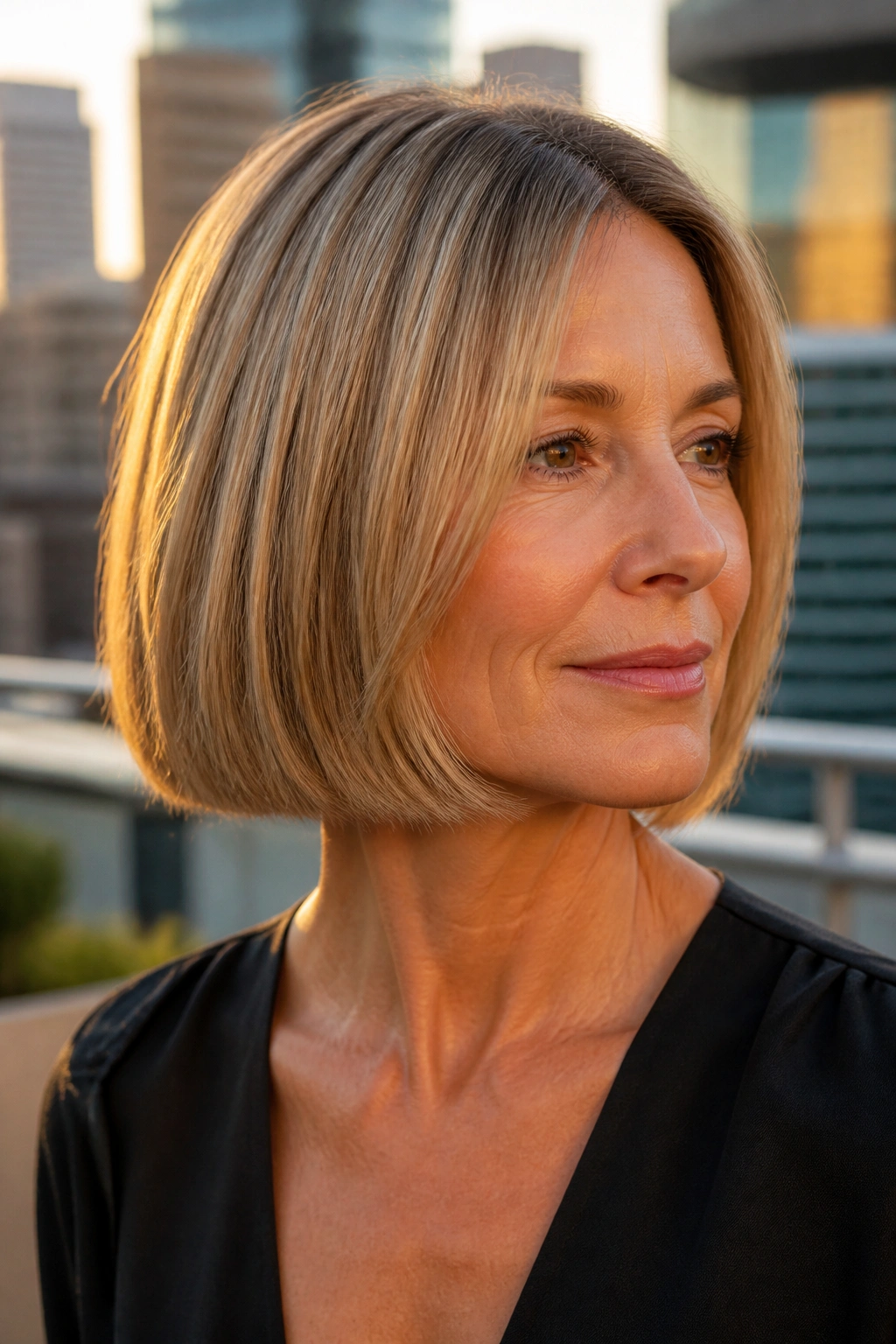 Portrait of a woman with a blunt-looking bob and internal layers in golden hour light