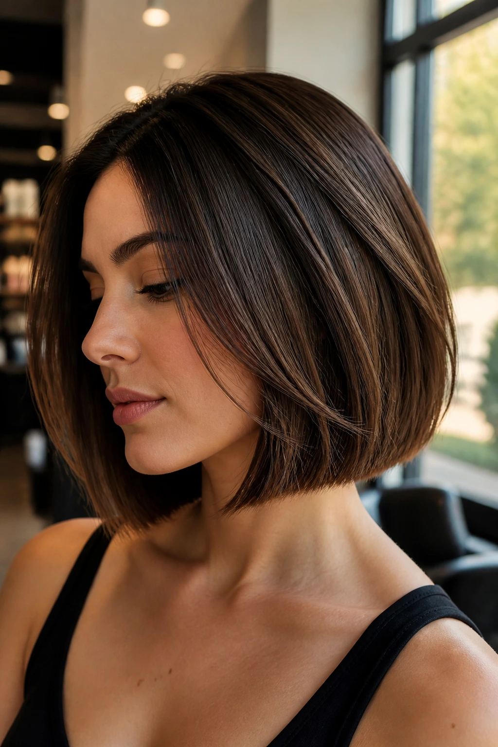 Close-up portrait of a real woman with a blunt bob featuring internal layers