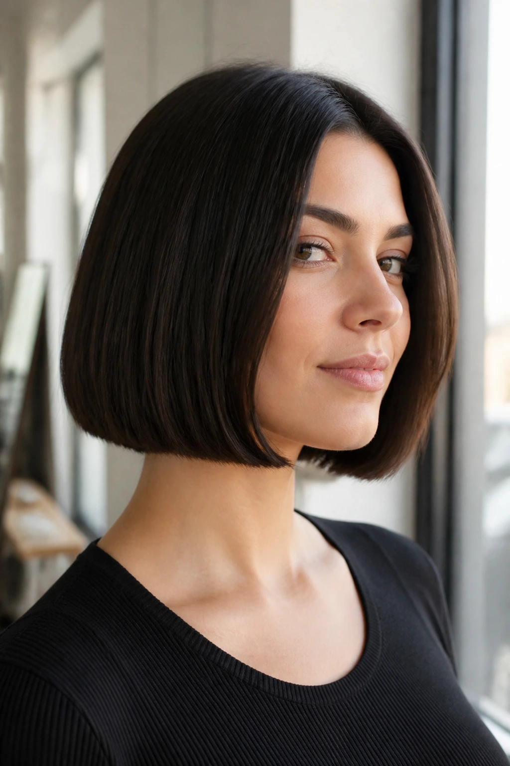 Close-up of a person with a blunt bob and subtle interior layers under soft daylight