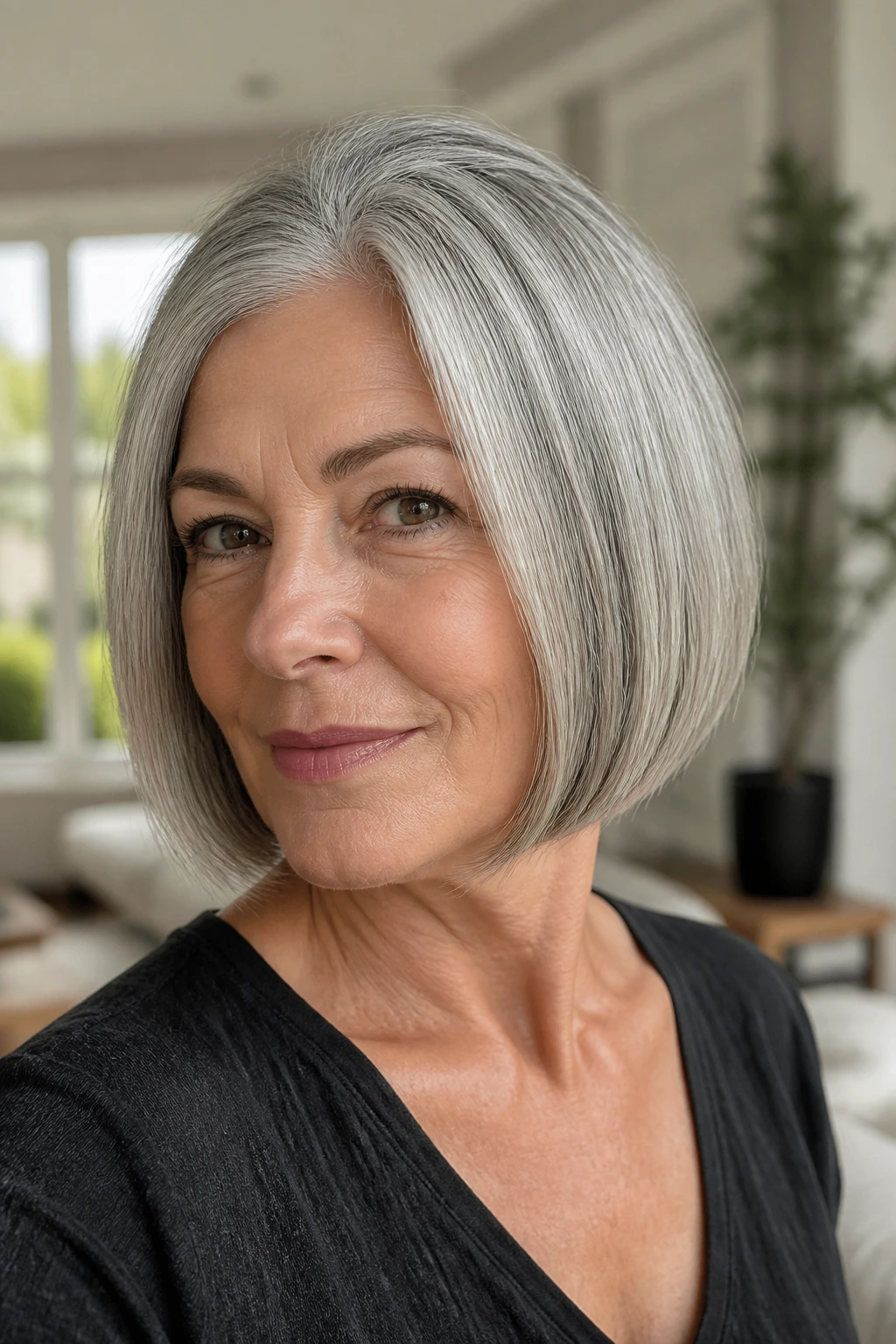 Close-up of a gray-haired woman with a blunt bob and hidden layers highlighting edge and lift.