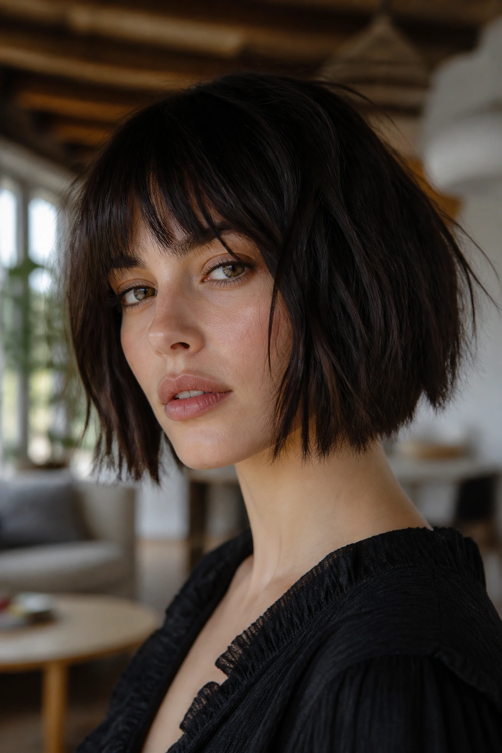 Close-up of a real woman with a sharp chin-length blunt bob and jagged ends under natural window light