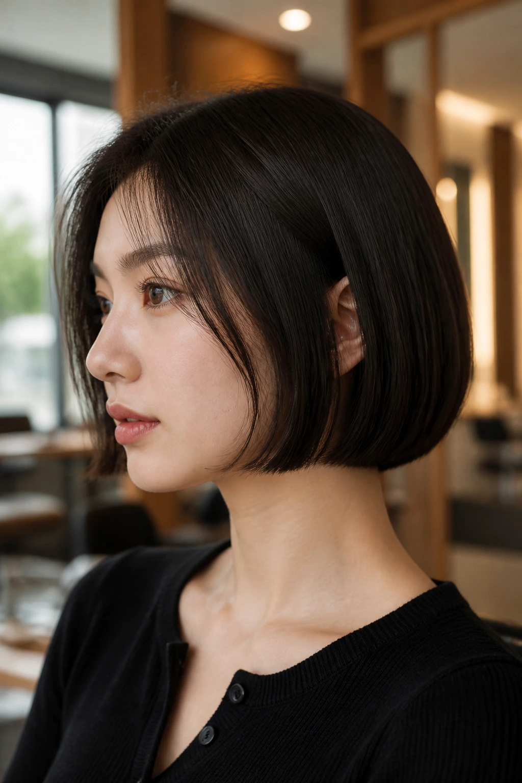 Close-up of a real woman with a jaw-length blunt bob with clean edges