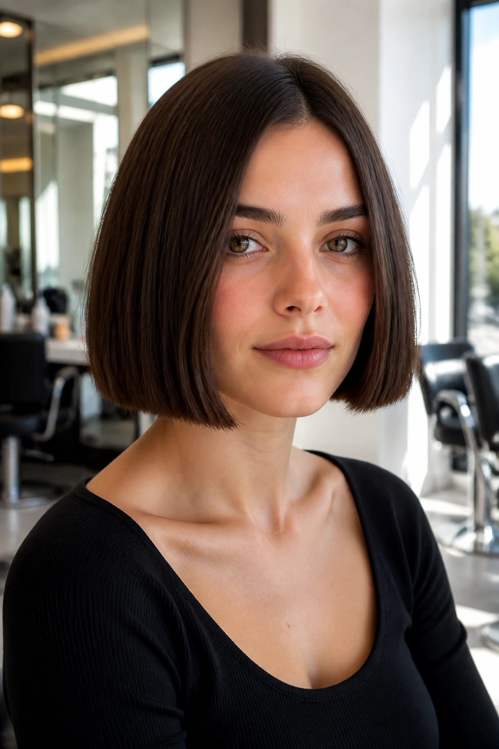 Portrait of a person with a jaw-length blunt bob showing crisp lines