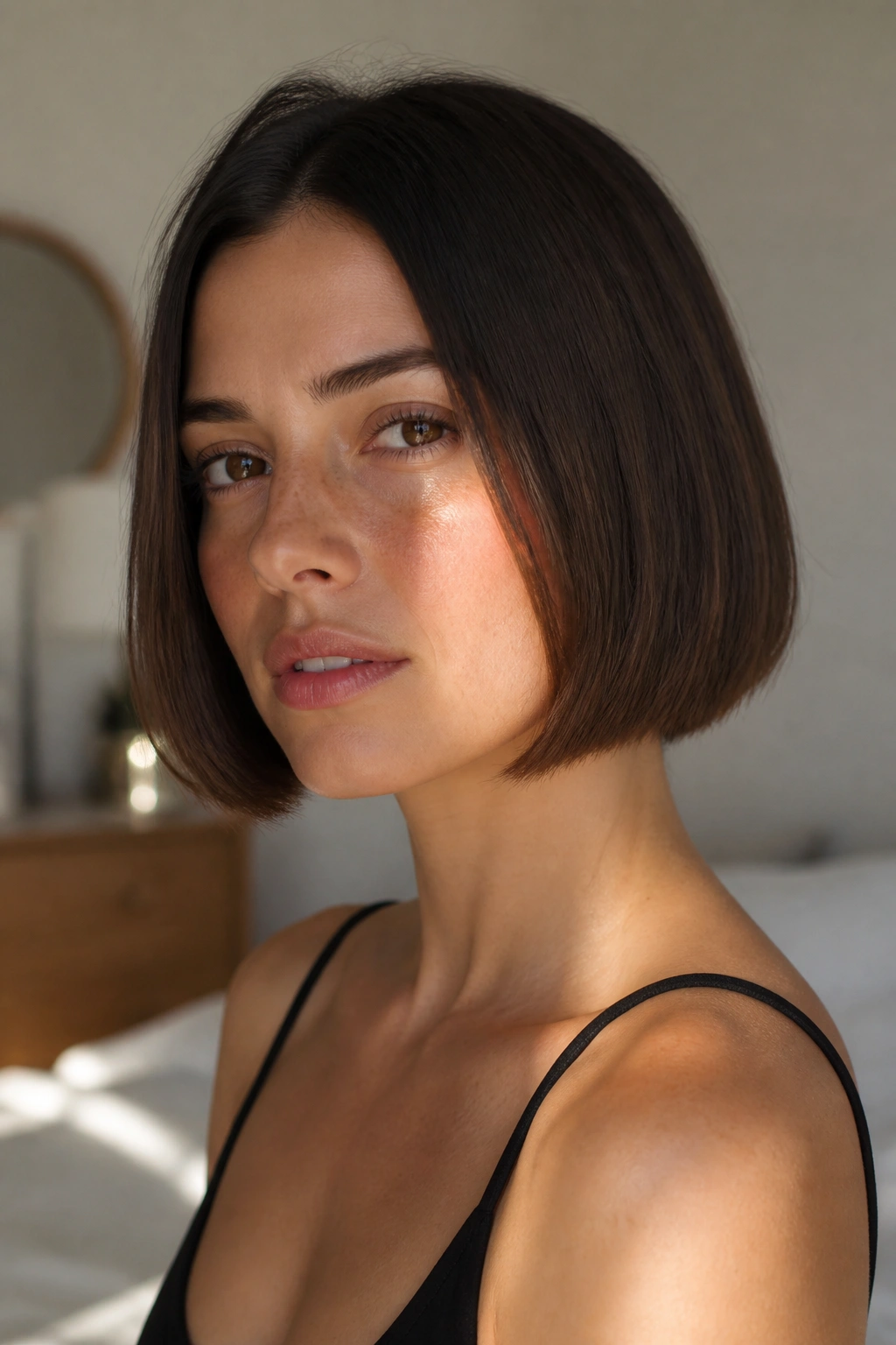 Close-up portrait of a woman with a blunt chin-length bob in natural window light.