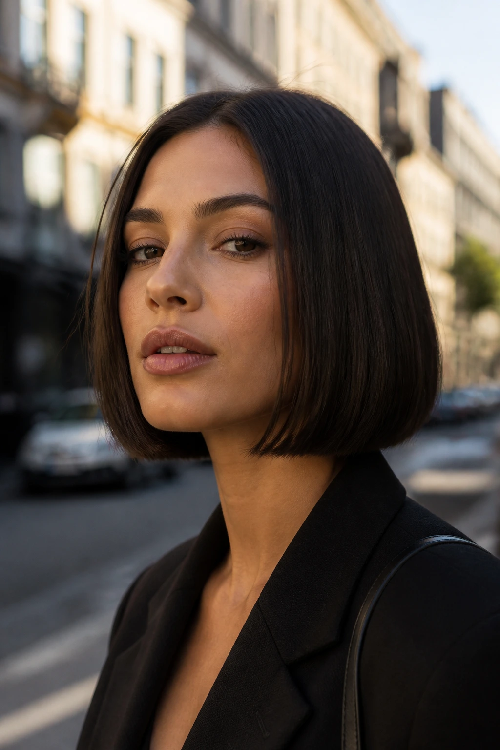 Real woman with blunt jawline bob in morning city light