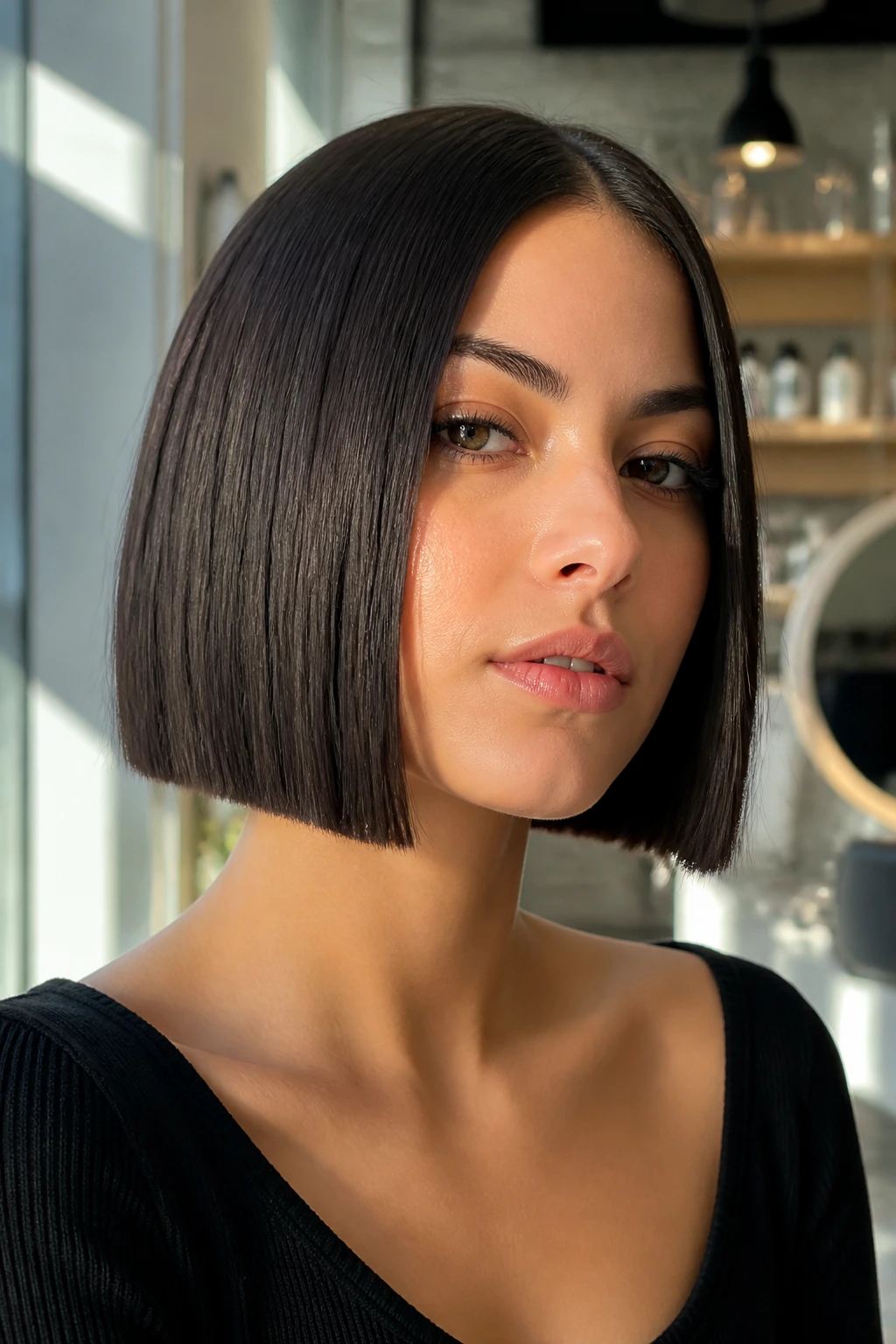 Close-up of a real woman with a chin-length blunt bob in a warm salon setting.
