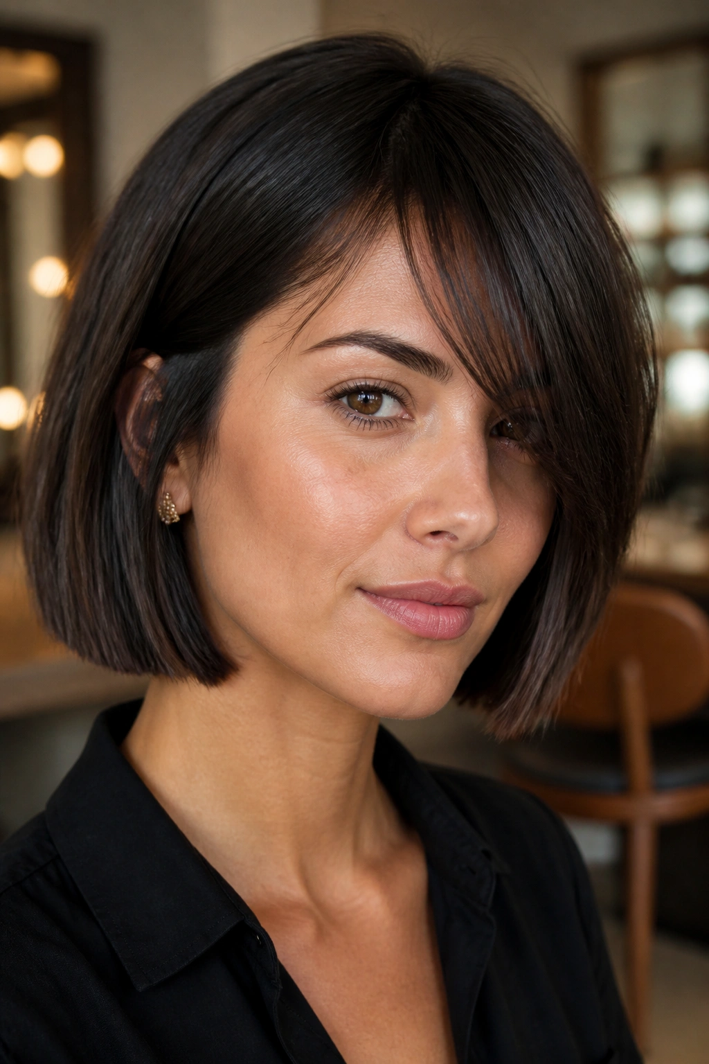 Close-up portrait of a real woman with blunt bob and long side fringe.