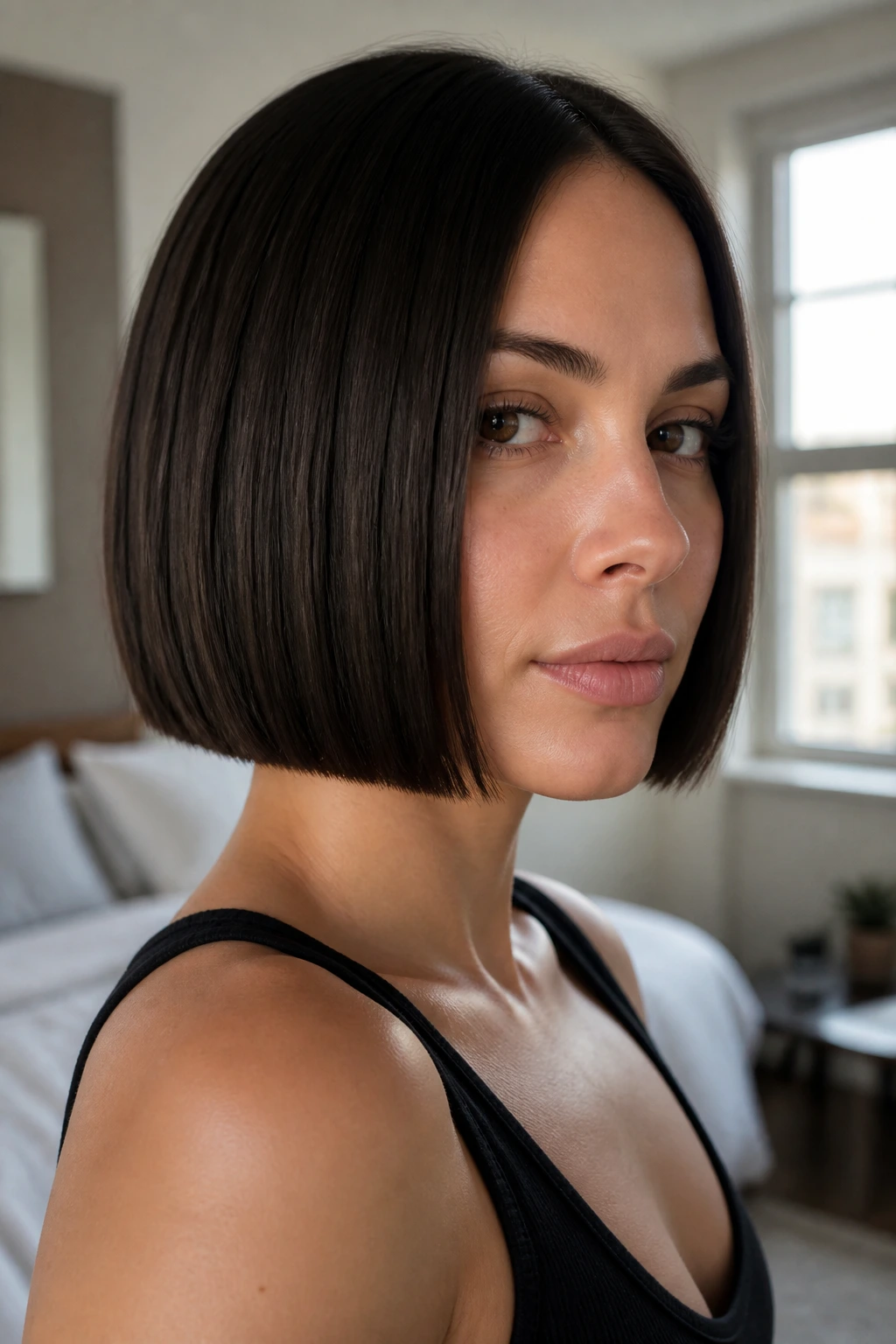 Close-up of a woman with a blunt jaw-length bob in natural window light