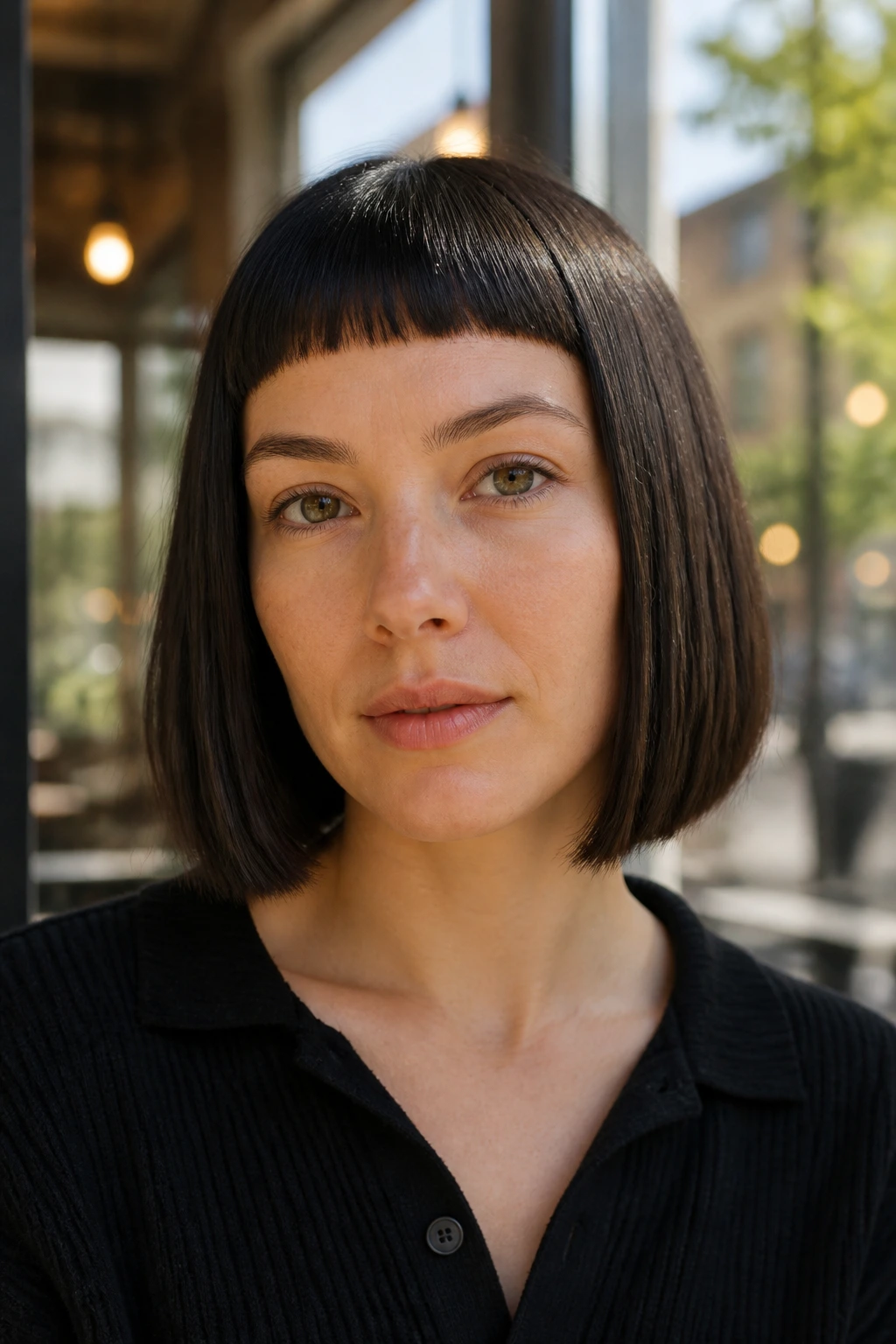 Close-up of a real woman with blunt bob and micro bangs hairstyle