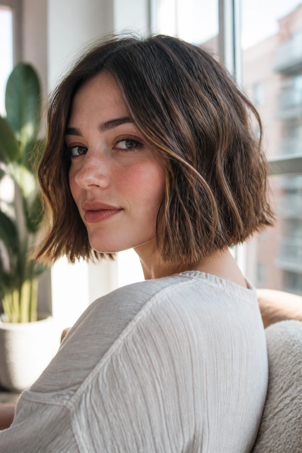 Close-up portrait of a real woman with a blunt bob and piecey texture.