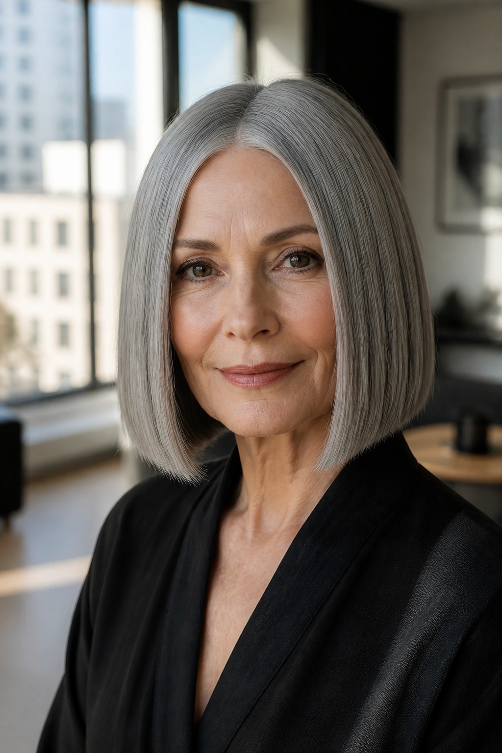 Real woman with sleek blunt bob and center part in a bright urban setting.