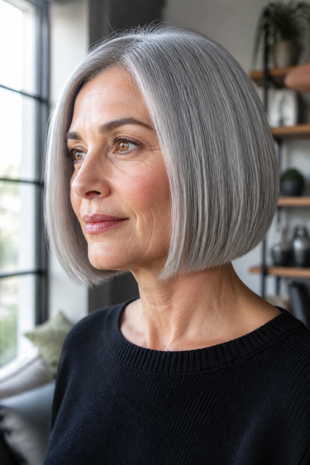Close-up portrait of a real woman with a blunt chin-length bob.