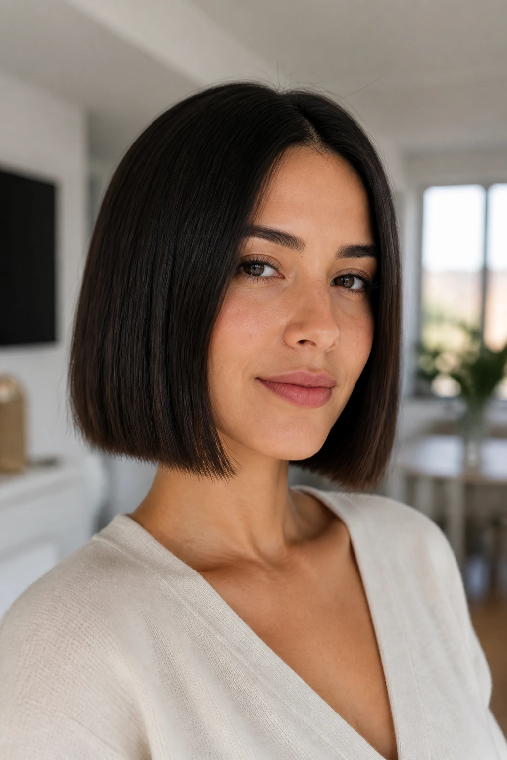 Close-up portrait of a real woman with a blunt bob haircut