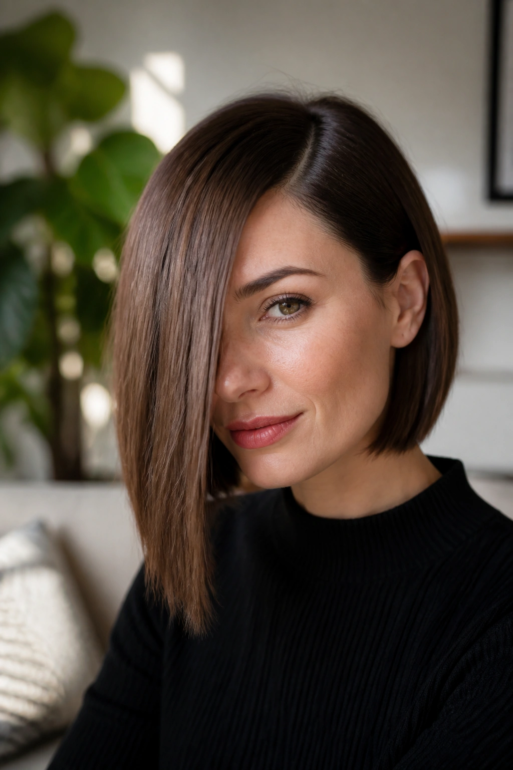Close-up of a real woman with blunt asymmetric bob and deep side part