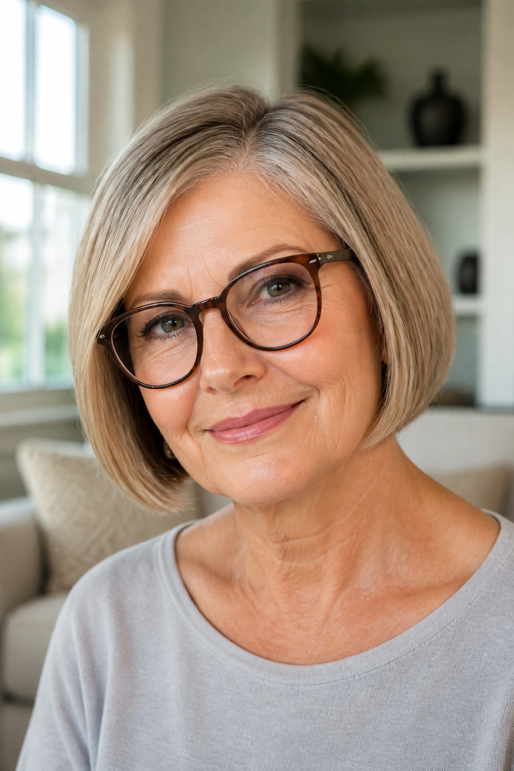Close-up of a 60s woman with jaw-length blunt bob and side part, wearing glasses in a sunlit living room.