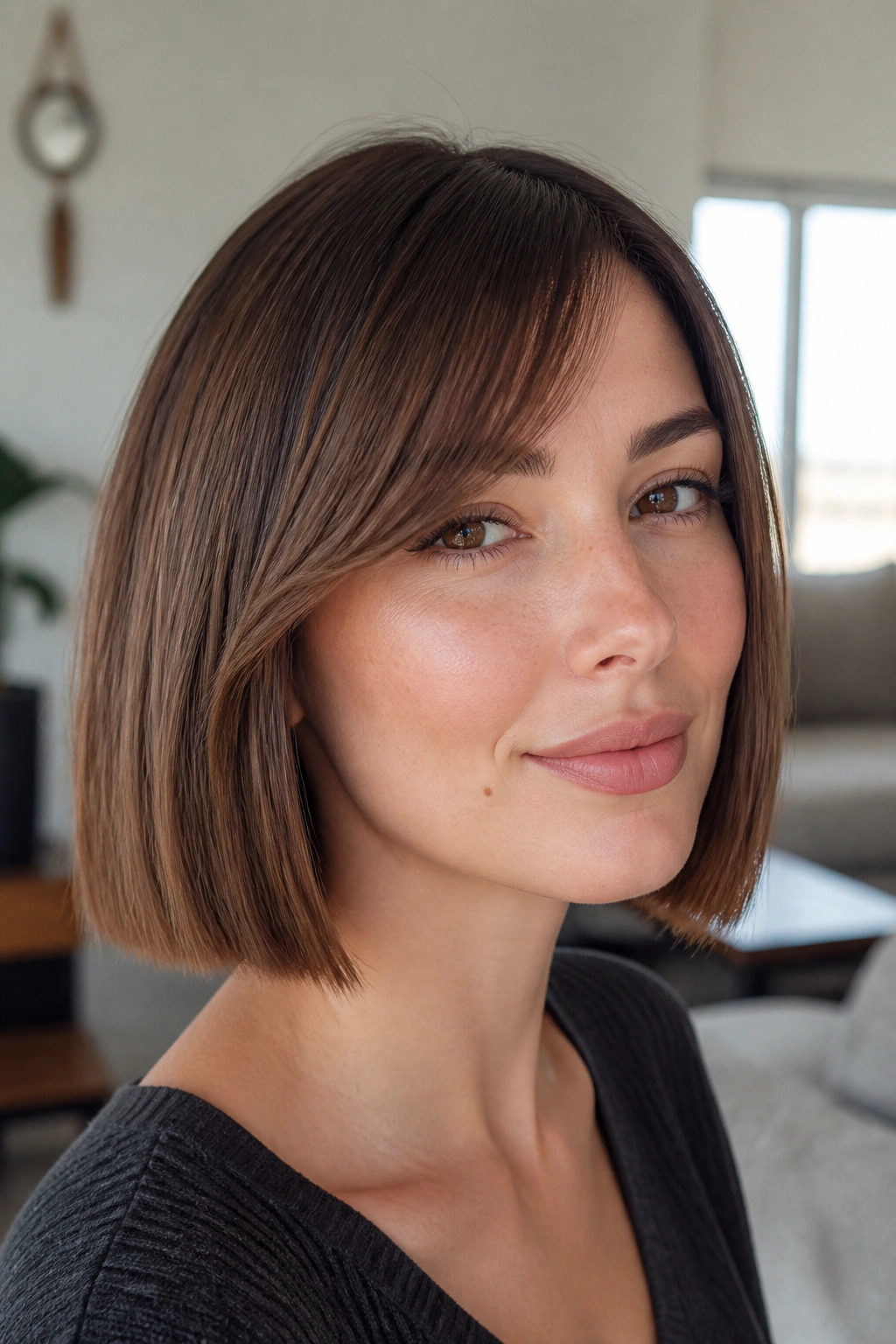 Close-up of a real woman with blunt bob and gentle side sweep in soft light