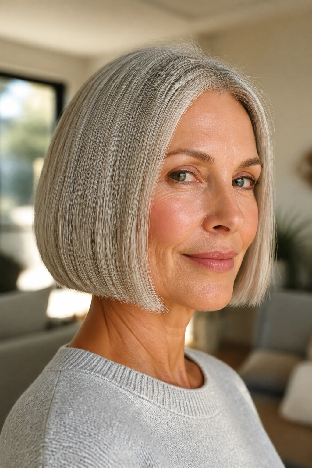 Close-up of a real woman with a chin-length blunt bob and silver-gray hair in a sunlit room.