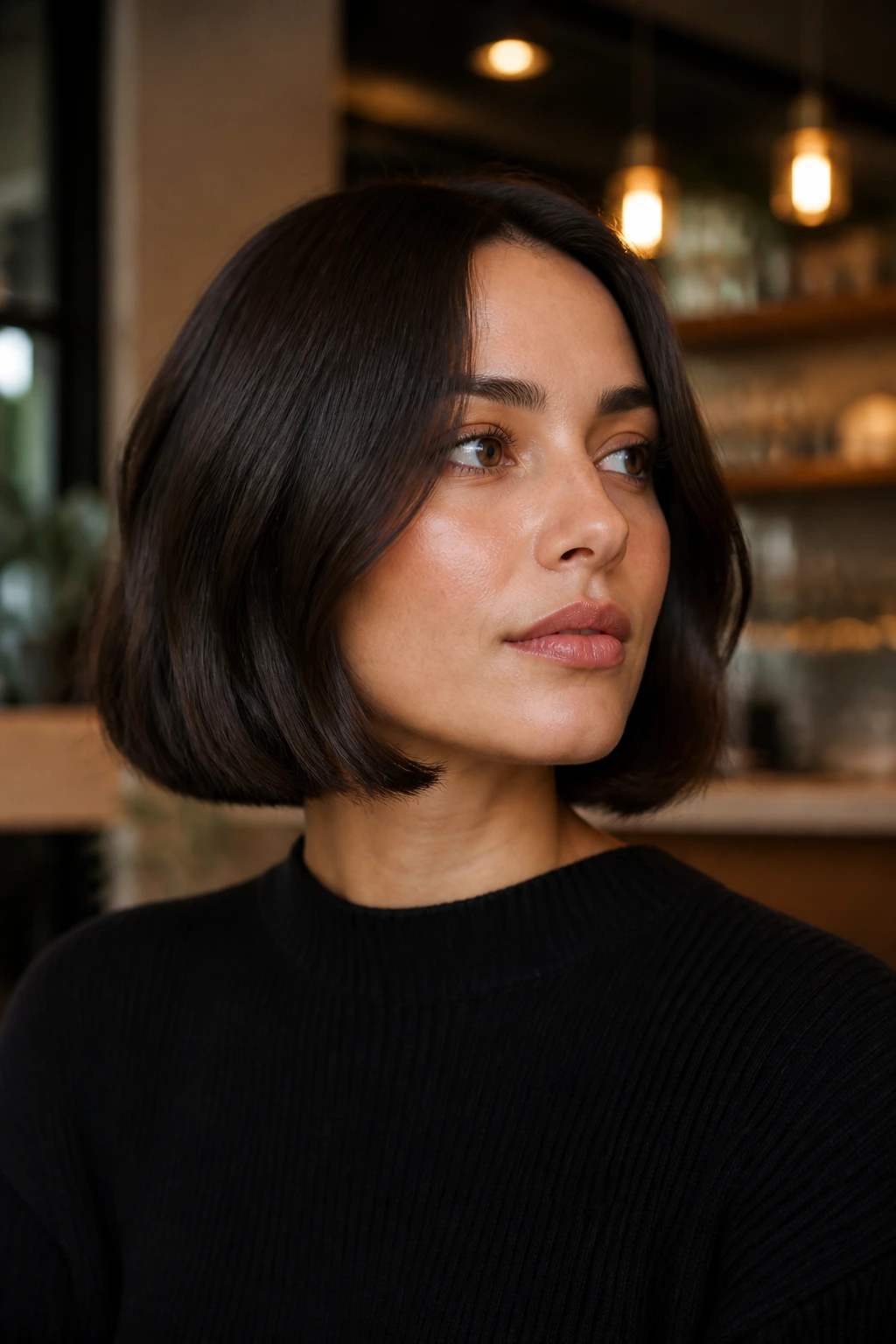 Close-up of a real person with a blunt bob and soft bend at the ends.