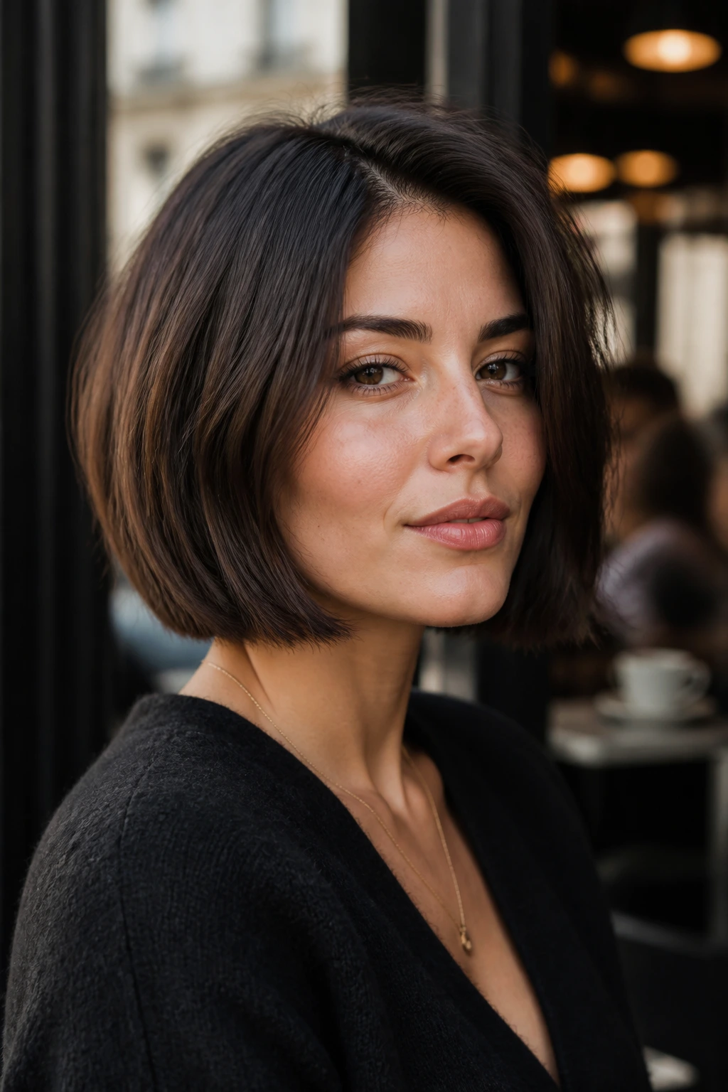 Close-up of a woman with a blunt bob and soft textured ends in an urban cafe