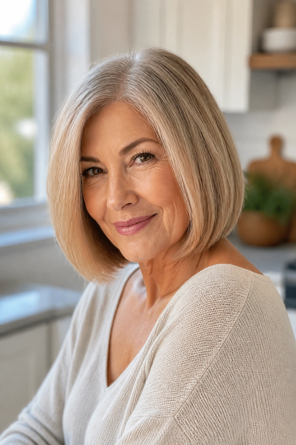 Portrait of a woman with a blunt bob and soft ends in a bright kitchen
