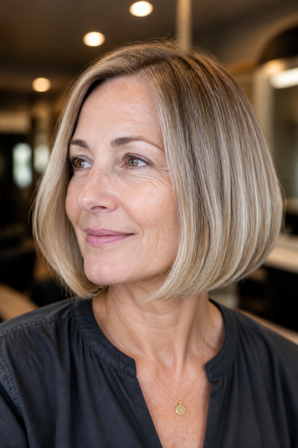 Close-up of a real woman with a chin-length blunt bob with soft ends and side part
