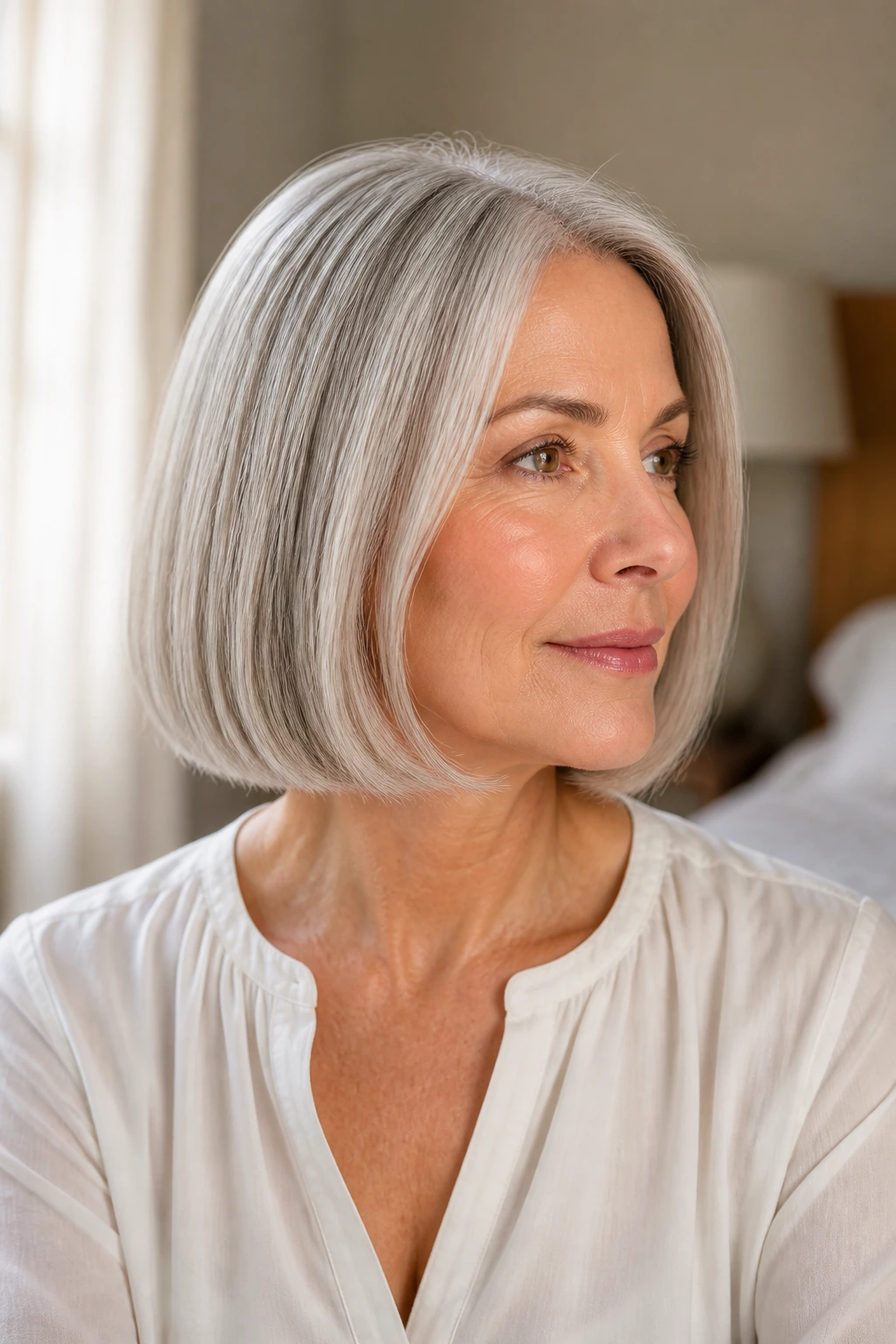 Close-up of an older woman with a blunt bob and soft ends in natural bedroom light