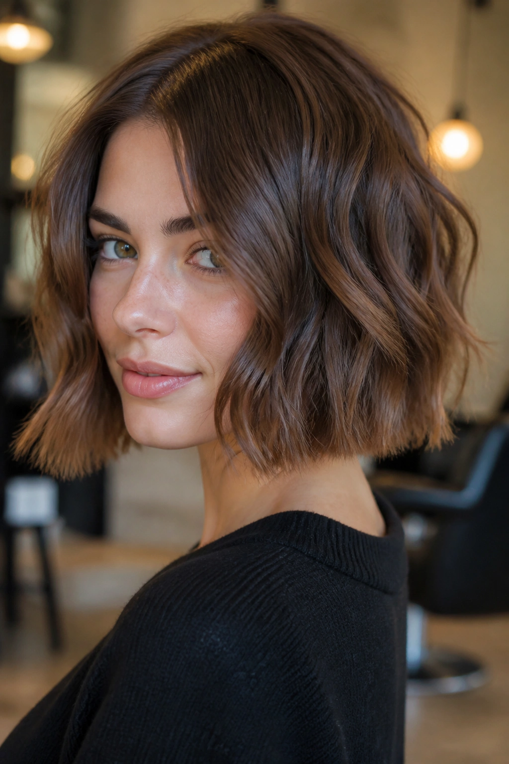 Close-up portrait of a real woman with blunt bob softened edges and subtle point cutting