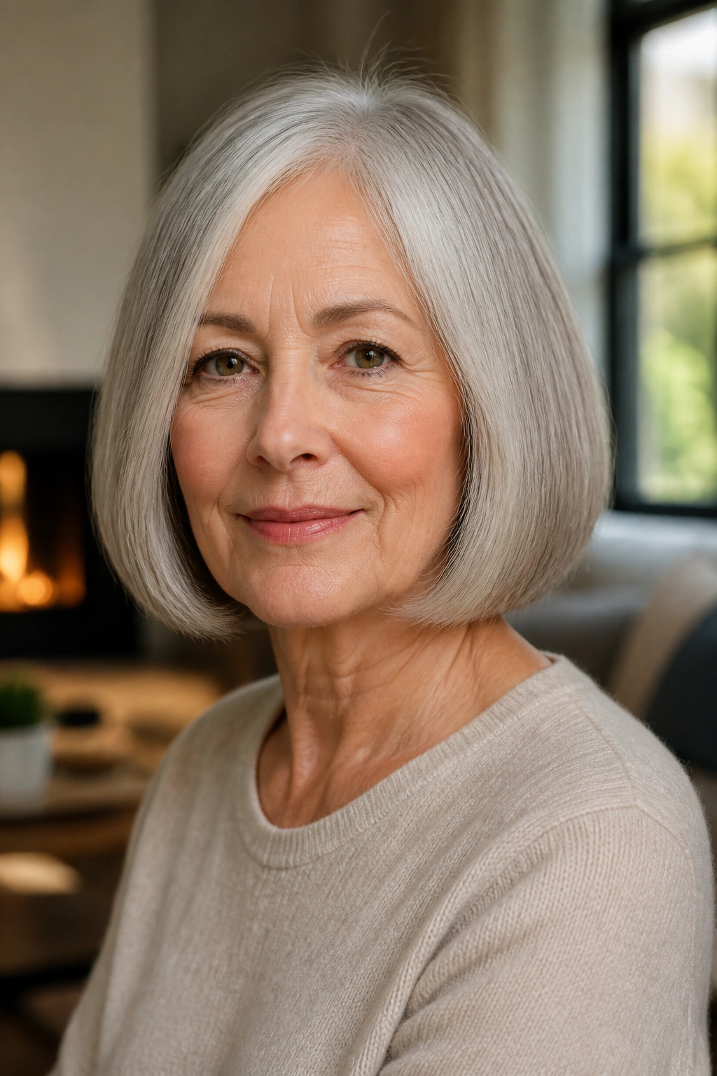 Close-up of a real woman's head and shoulders showing a blunt bob with softened ends