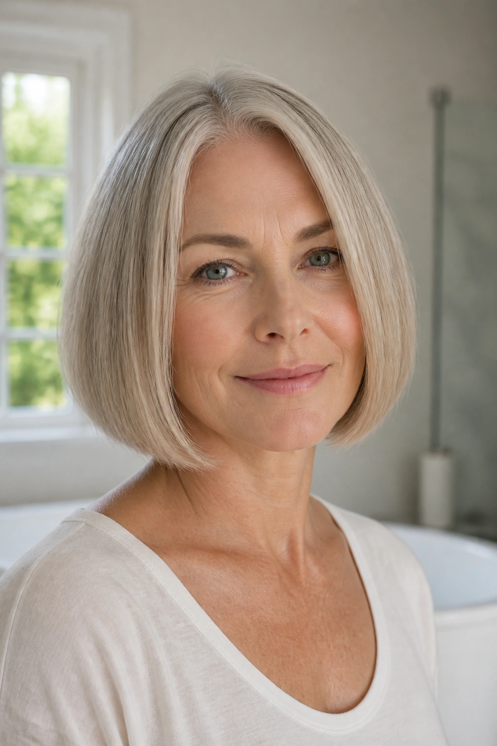 Close-up of a real woman with a blunt bob and softened tips.