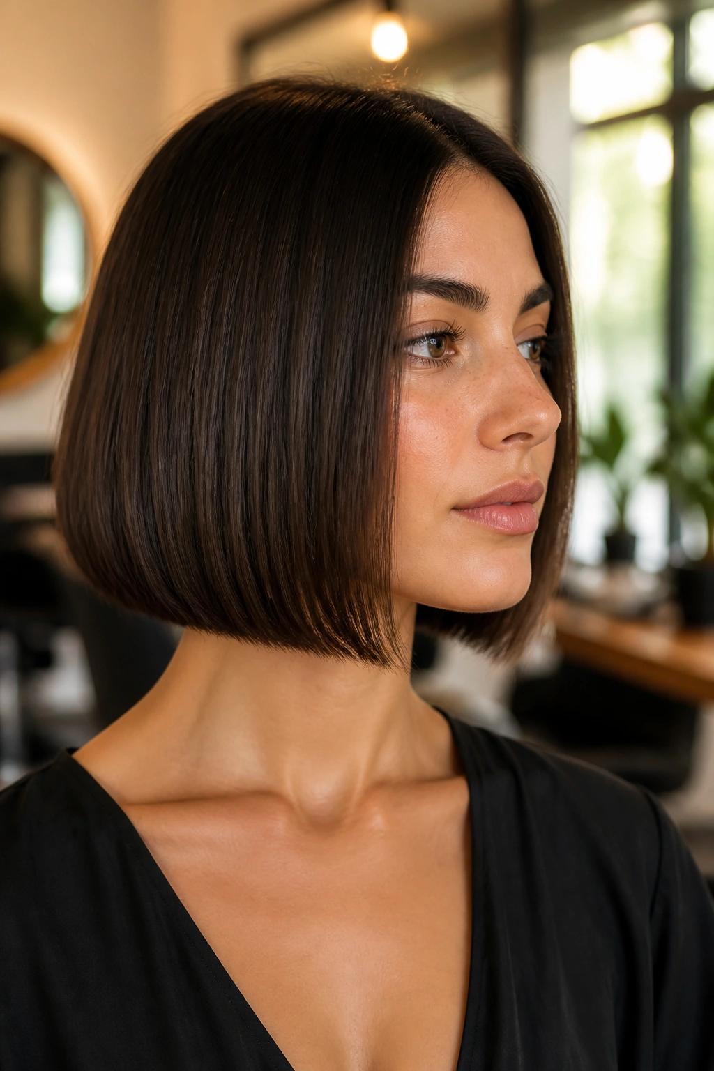 Close-up of a real woman with a blunt bob with tapered ends in a warm salon
