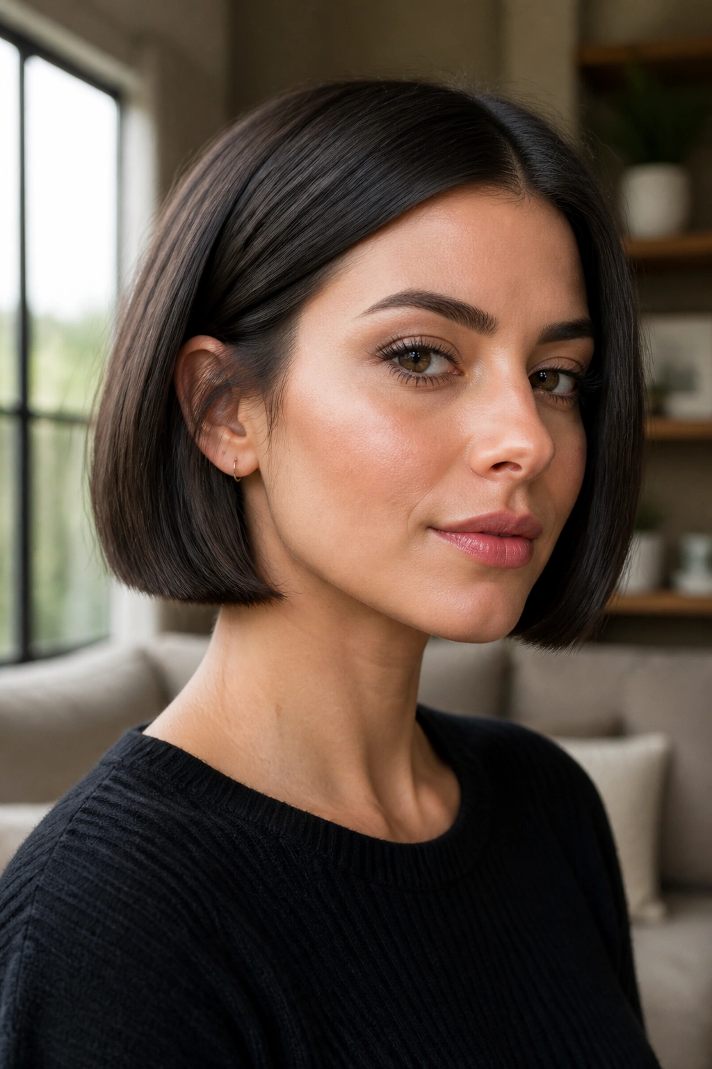 Close-up portrait of a real woman with a chin-length blunt bob and crisp edge on thick hair