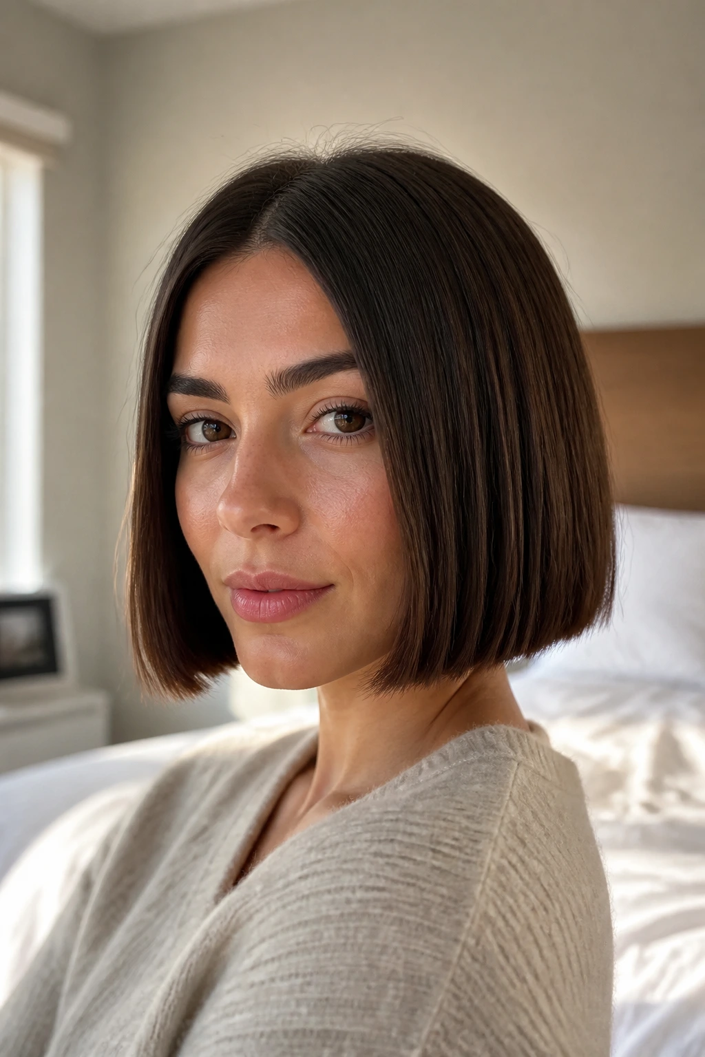 Close-up portrait of a real woman with a chin-length blunt bob under natural light
