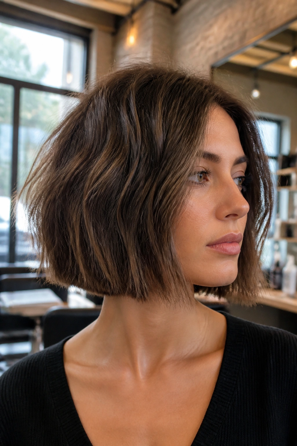 Close-up of a real woman with a blunt bob and rough-dry texture
