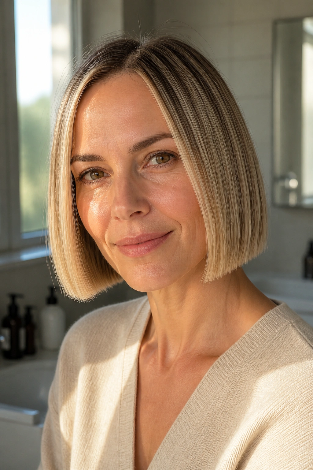 Close-up portrait of a real woman with a chin-length blunt bob for thinning fine hair