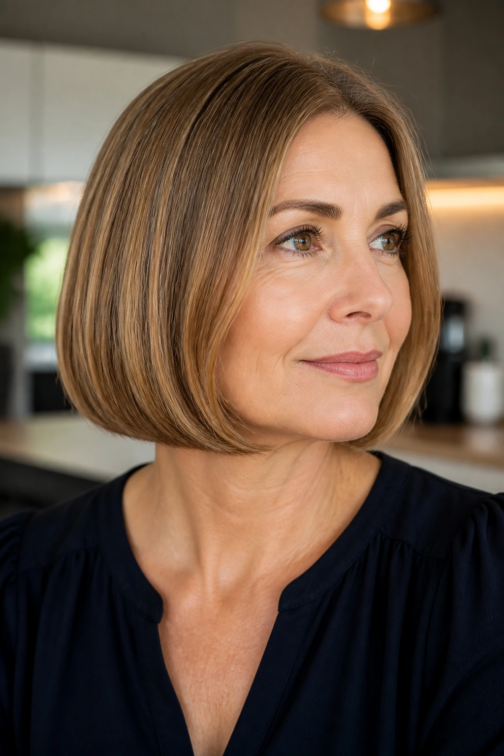 Close-up of a woman with classic blunt bob and soft under-curve