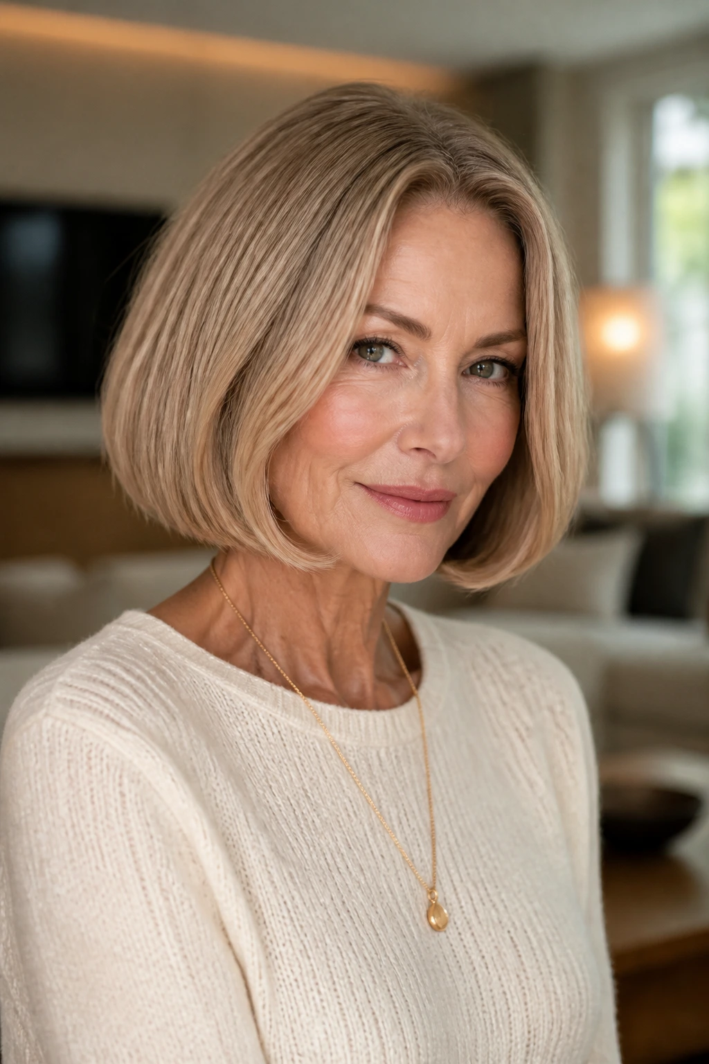 Real woman with blunt bob and soft underbend in warm lighting.