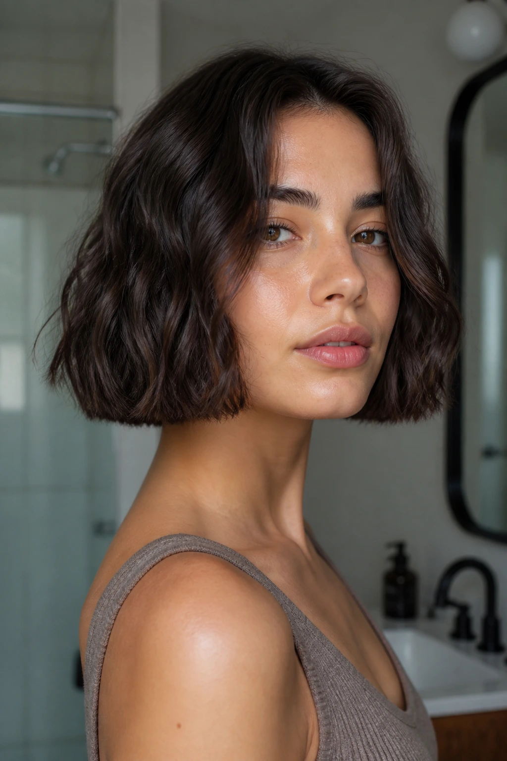 Portrait of a woman with a blunt bob with straight horizontal ends and wavy texture.