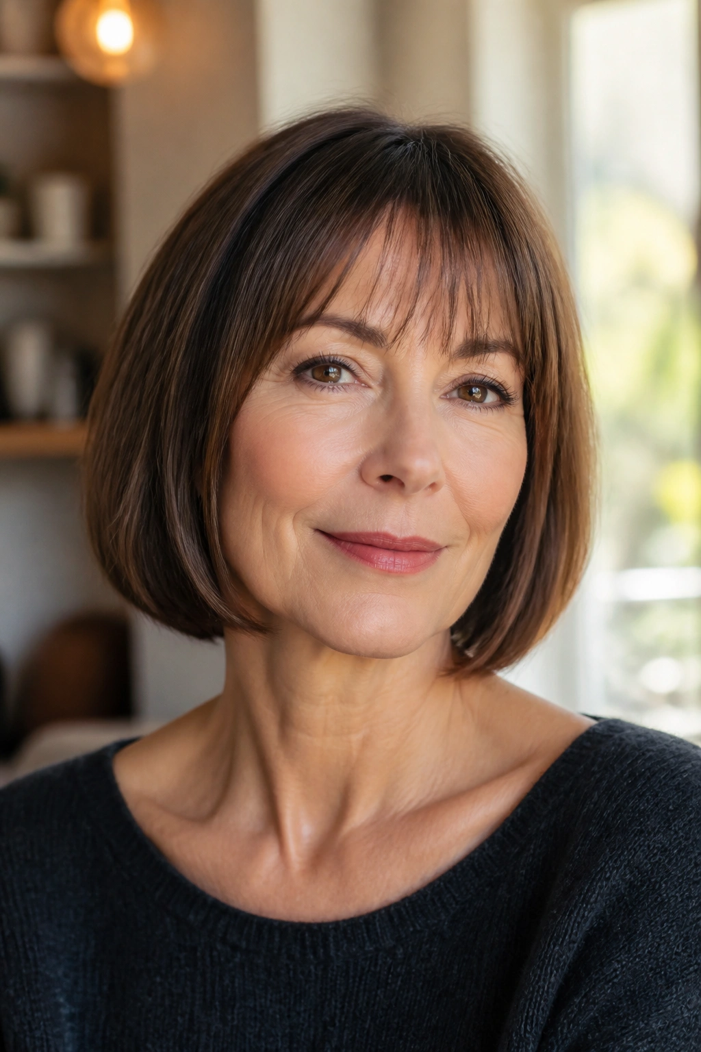 Close-up portrait of a real woman with a soft blunt chin-length bob and wispy bangs in warm natural light