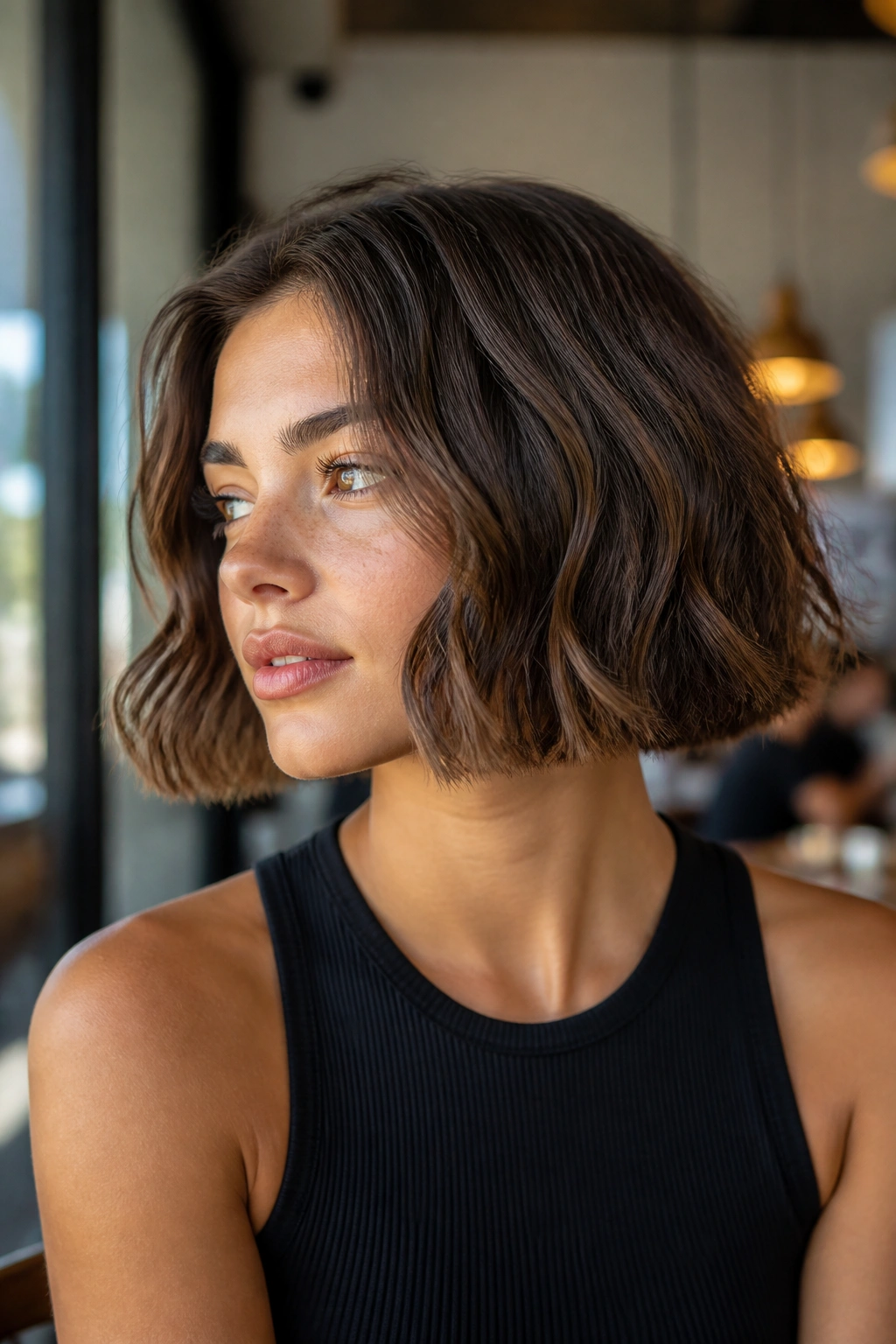 Real woman with blunt box bob showing sharp lines and inner waves