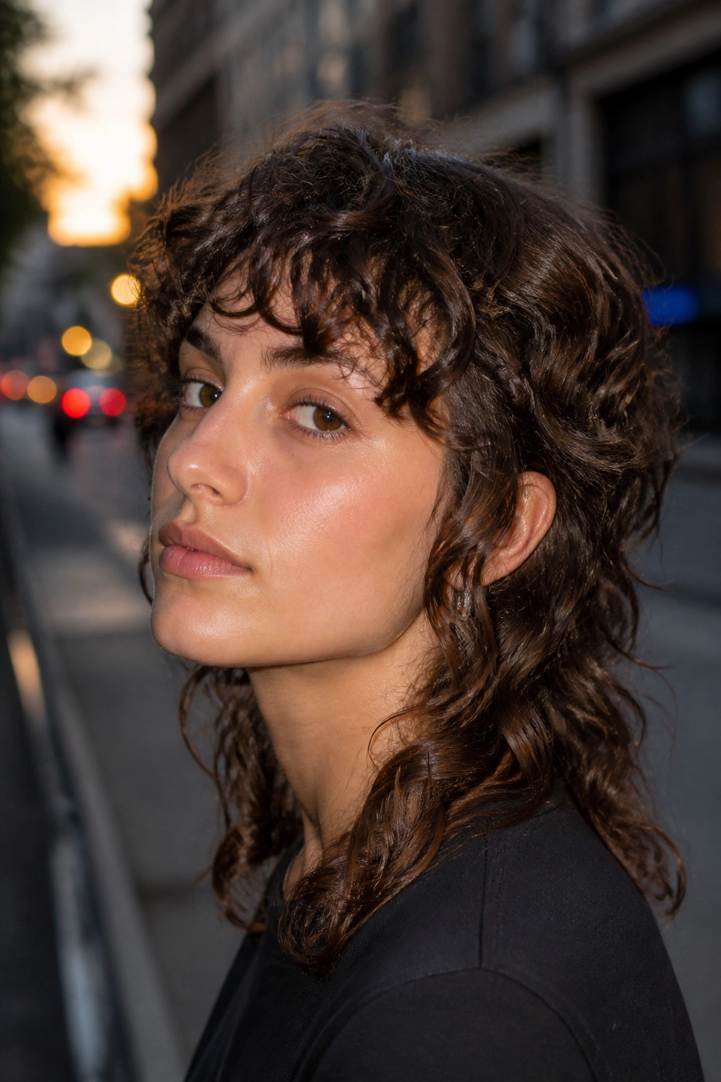 Close-up portrait of a real person with a blunt-but-broken perimeter in curly hair.
