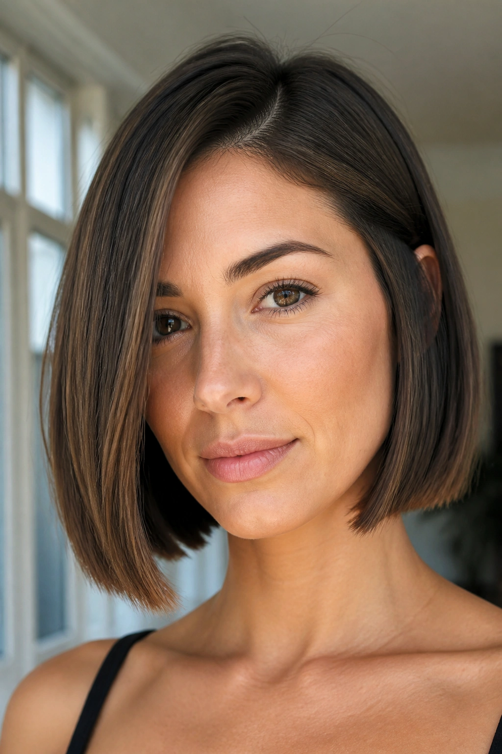 Real woman portrait with blunt chin-length bob and off-center part