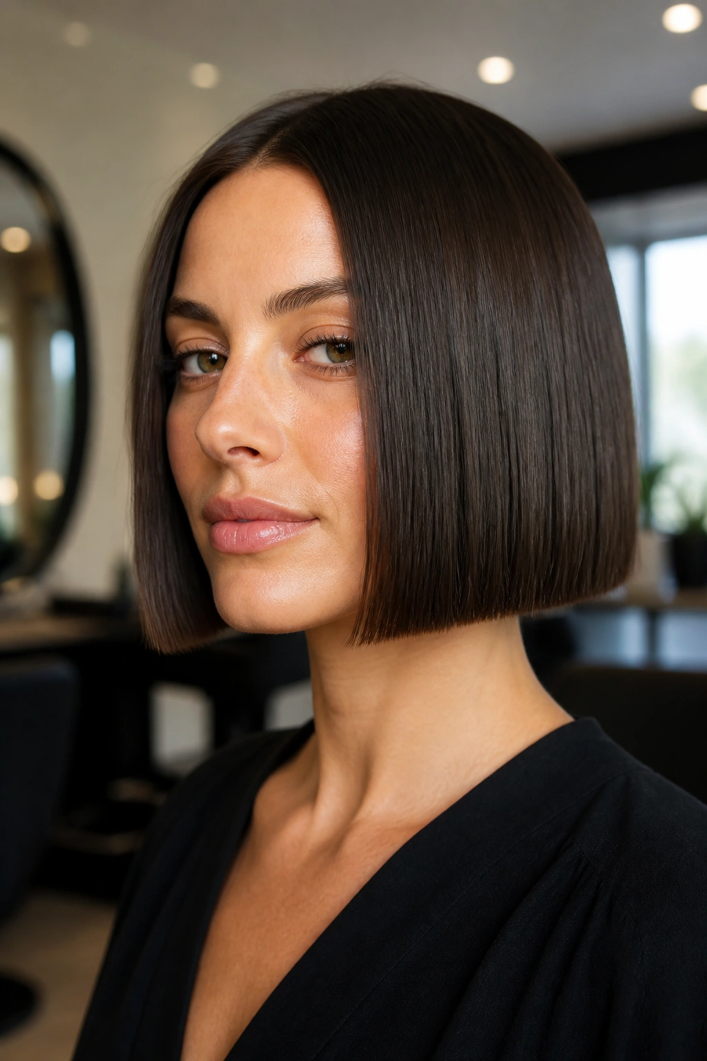 Close-up portrait of a woman with a blunt chin-length bob, crisp edge framing the chin.