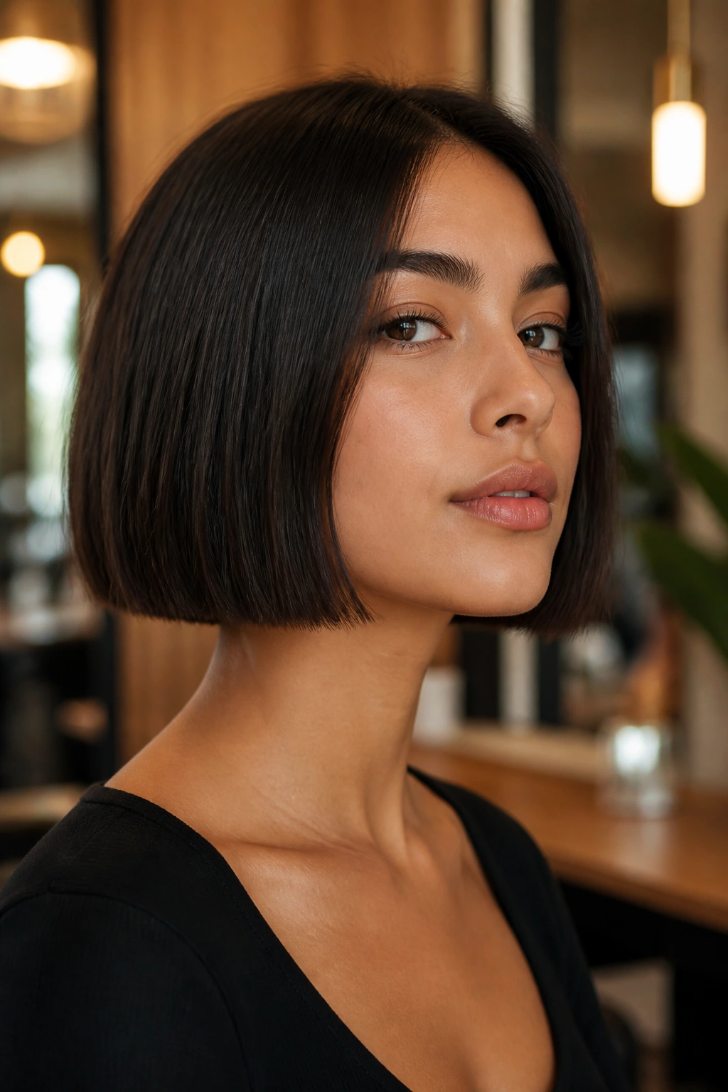 Close-up portrait of a real woman with a blunt chin-length bob under warm salon lighting