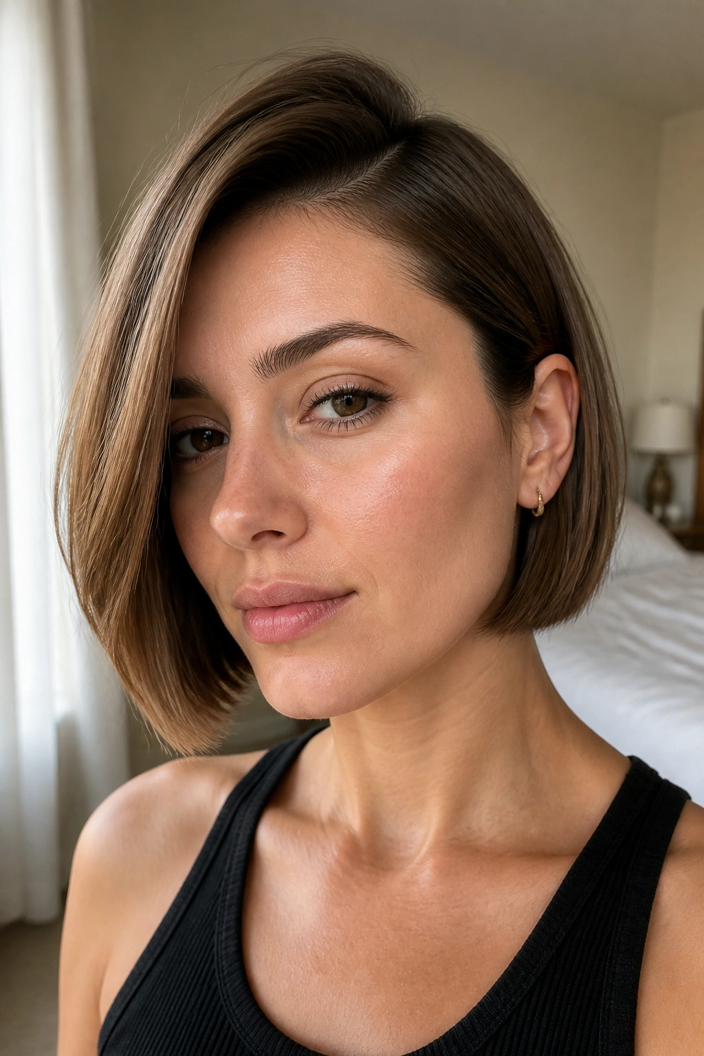 Close-up of real woman with blunt chin-length bob and deep side part.