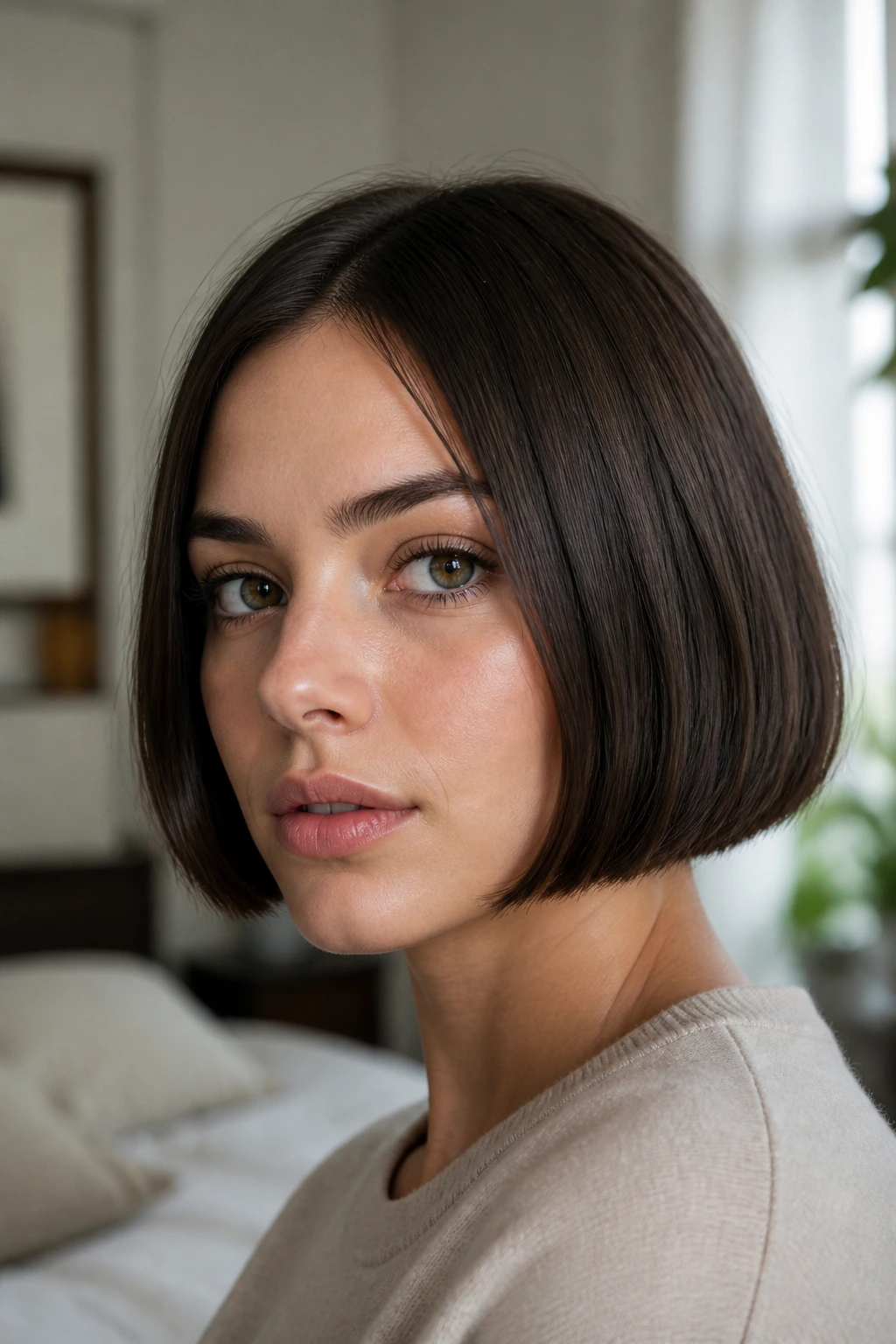 Close-up of a real woman's blunt chin-length bob with crisp edge, soft window light