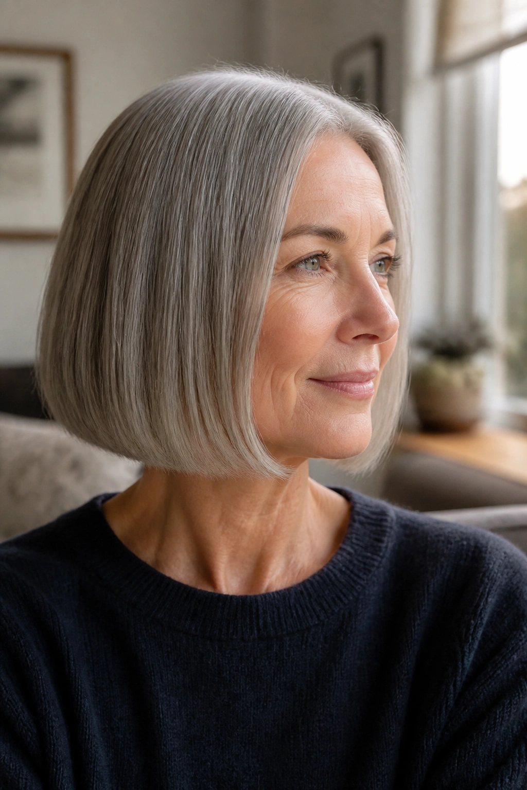 Close-up portrait of a gray-haired woman wearing a blunt chin-length bob